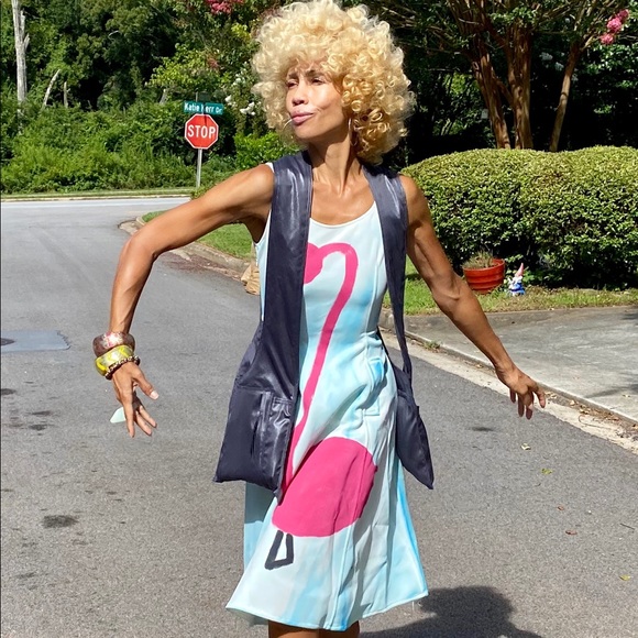 OOAK handpainted flamingo neoprene dress fit flare - Picture 3 of 10